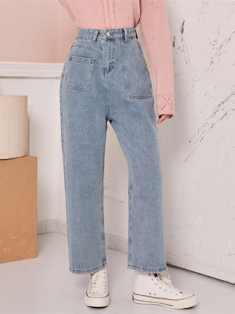 Jeans Med Hög Midja Vid Ben För Kvinnor Flicka Med Knapp Gylf Loose Fit Boot Cut Med Vida Ben