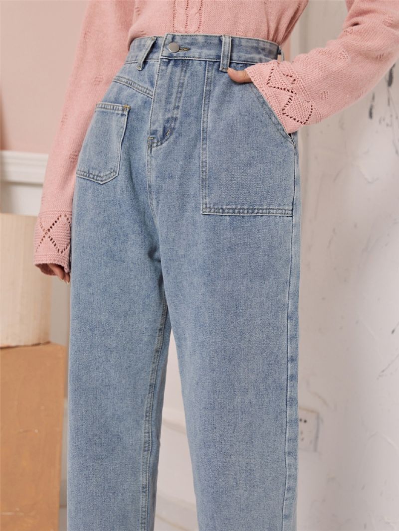 Jeans Med Hög Midja Vid Ben För Kvinnor Flicka Med Knapp Gylf Loose Fit Boot Cut Med Vida Ben