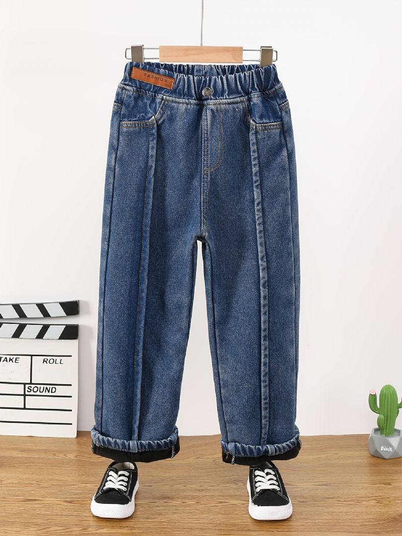 Jeans Med Raka Ben För Flickor Casual Plysch Varm Elastisk Midja Jeansbyxor Barnkläder