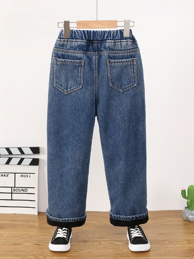 Jeans Med Raka Ben För Flickor Casual Plysch Varm Elastisk Midja Jeansbyxor Barnkläder