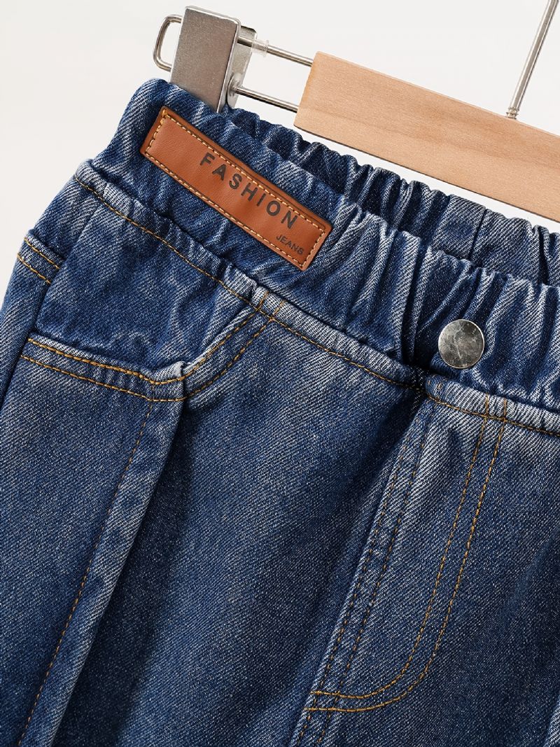 Jeans Med Raka Ben För Flickor Casual Plysch Varm Elastisk Midja Jeansbyxor Barnkläder