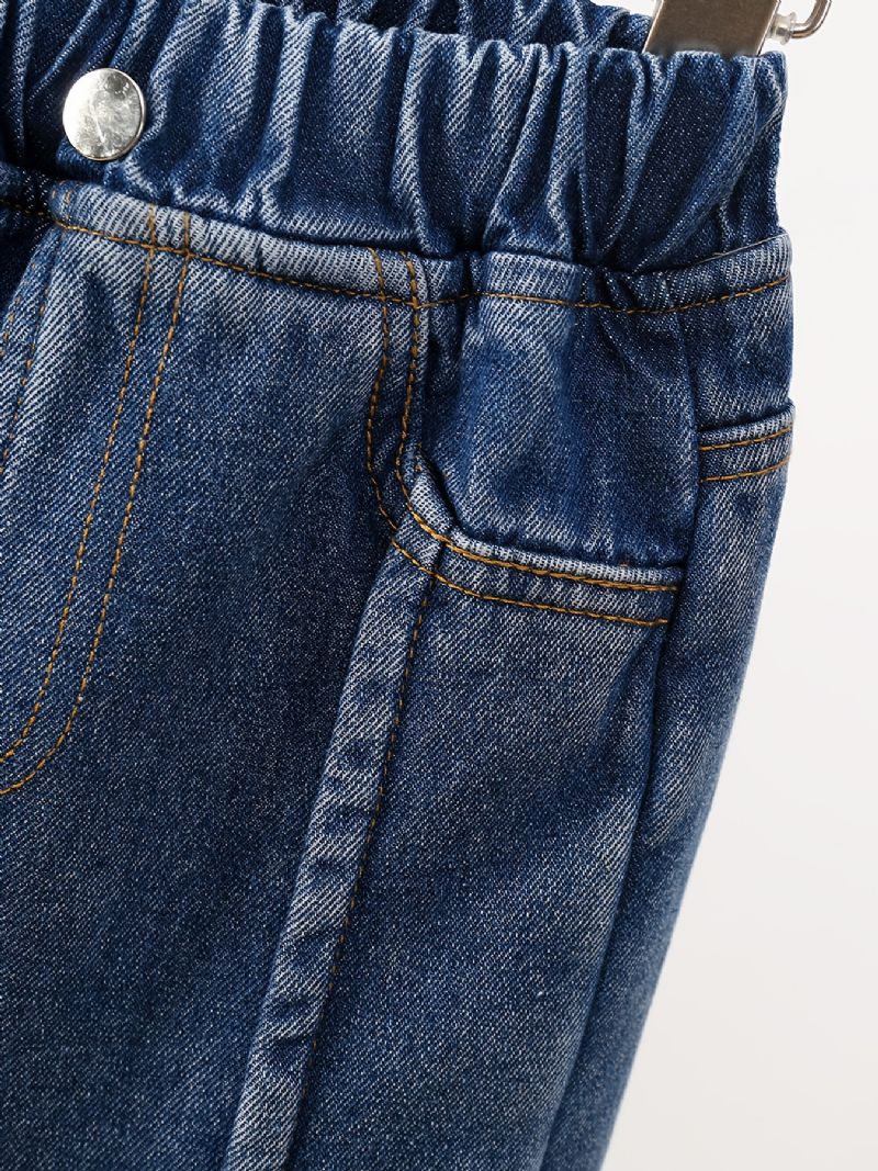 Jeans Med Raka Ben För Flickor Casual Plysch Varm Elastisk Midja Jeansbyxor Barnkläder