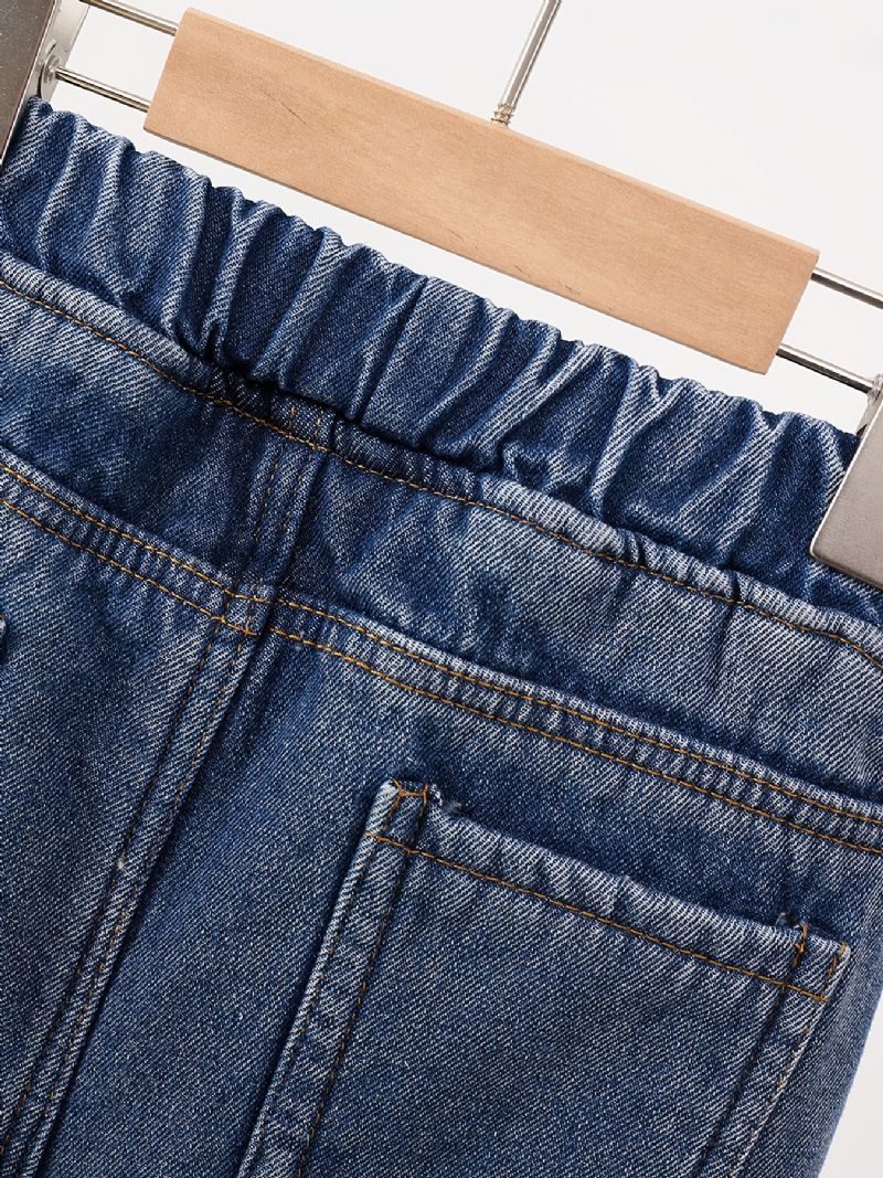 Jeans Med Raka Ben För Flickor Casual Plysch Varm Elastisk Midja Jeansbyxor Barnkläder