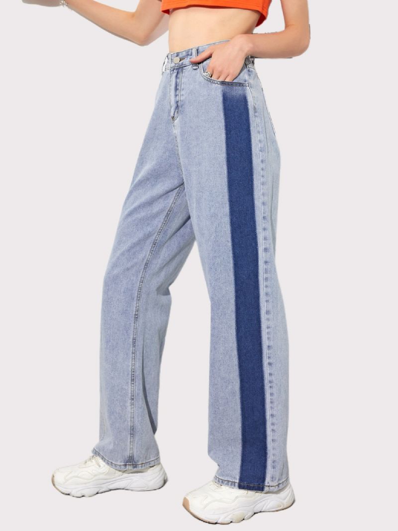 Kvinnors Colorblock High Wasit Jeans Med Raka Ben För Flickor Med Knappgylf Y2k Style