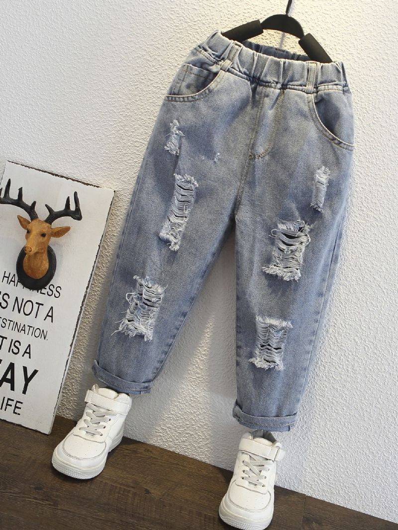 Pojkar Casual Ripped Jeans Jeansbyxor Med Elastisk Midja