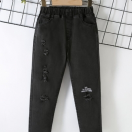 Pojkar Casual Solid Ripped Letter Print Denim Jeans Med Resår Midja För Vinter Svart