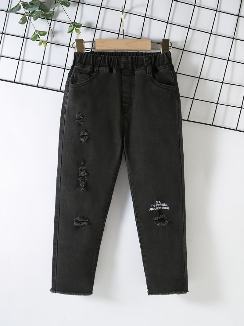 Pojkar Casual Solid Ripped Letter Print Denim Jeans Med Resår Midja För Vinter Svart