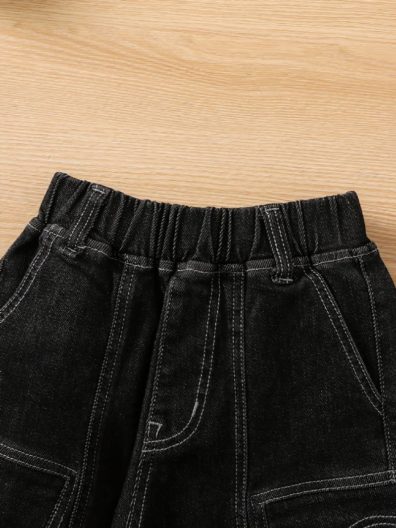 Pojkar Casual Solida Fickor Sida Elastiska Midja Byxor Jeans Kläder