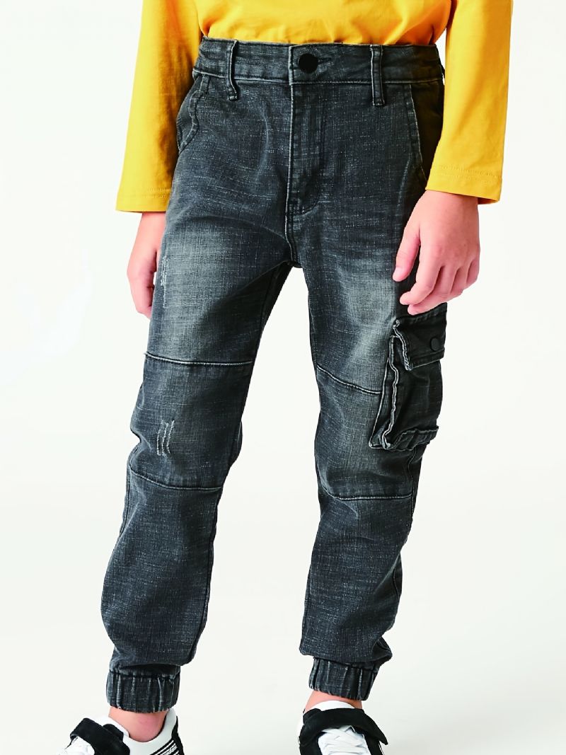 Pojkar Faded Cargo Denim Jeans Med Fickor Barn Kläder