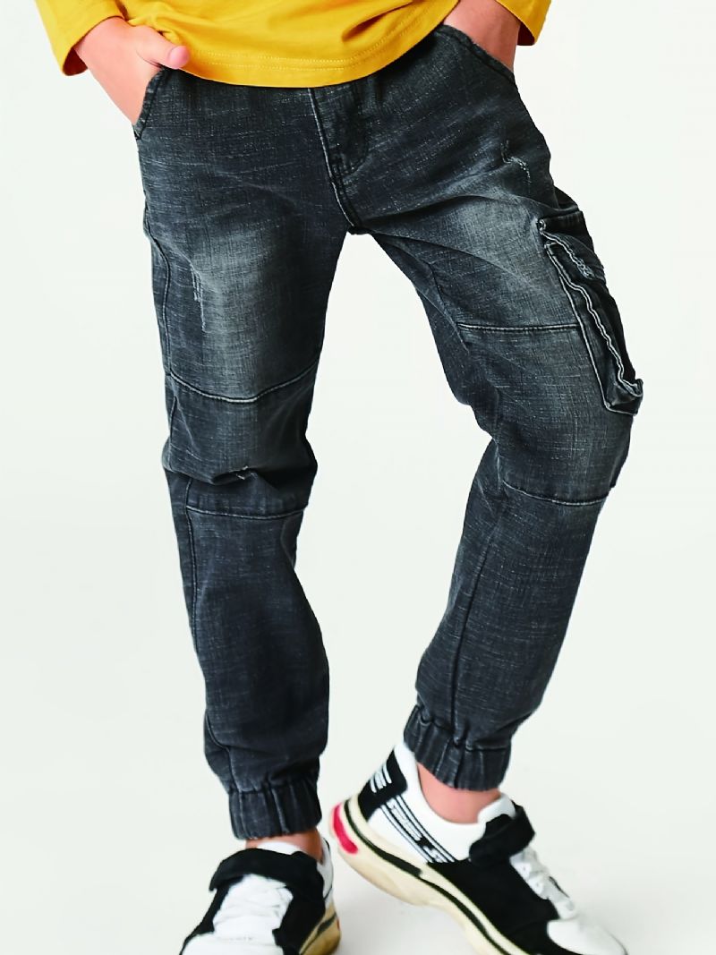 Pojkar Faded Cargo Denim Jeans Med Fickor Barn Kläder