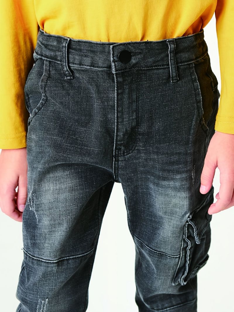 Pojkar Faded Cargo Denim Jeans Med Fickor Barn Kläder