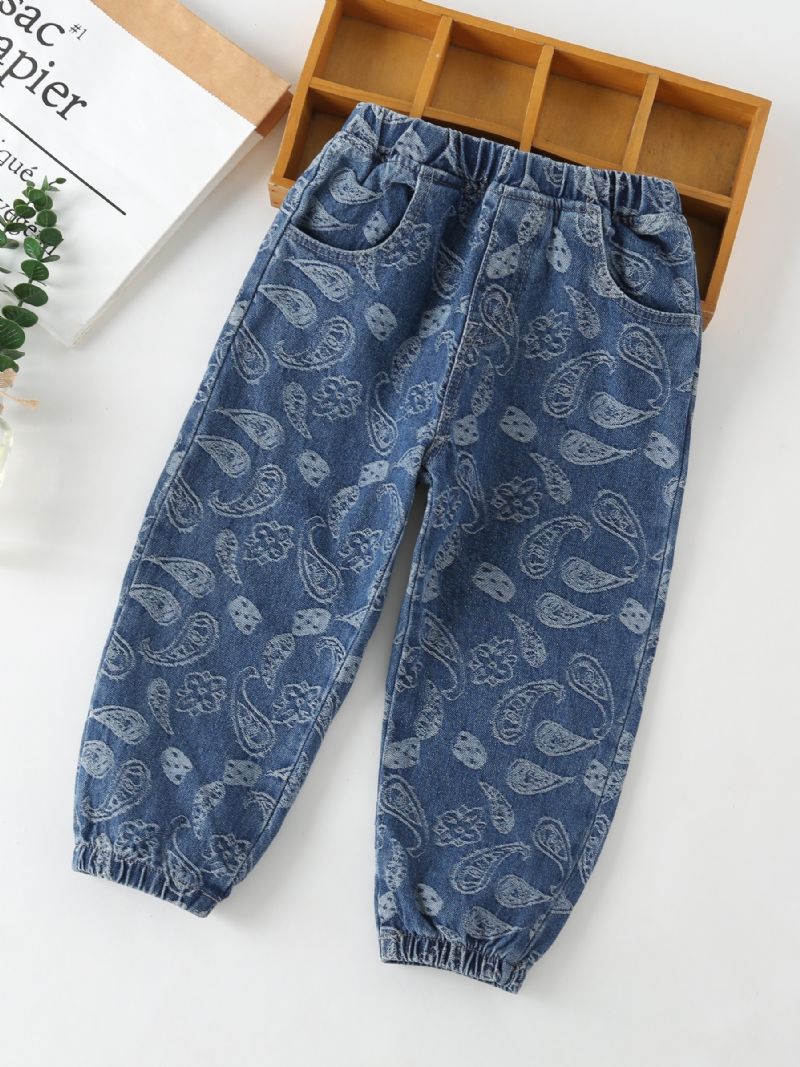 Pojkar Stretch Avsmalnande Jeans Geometriskt Mönster Elastiskt Midjeband Jeansbyxor Barnkläder