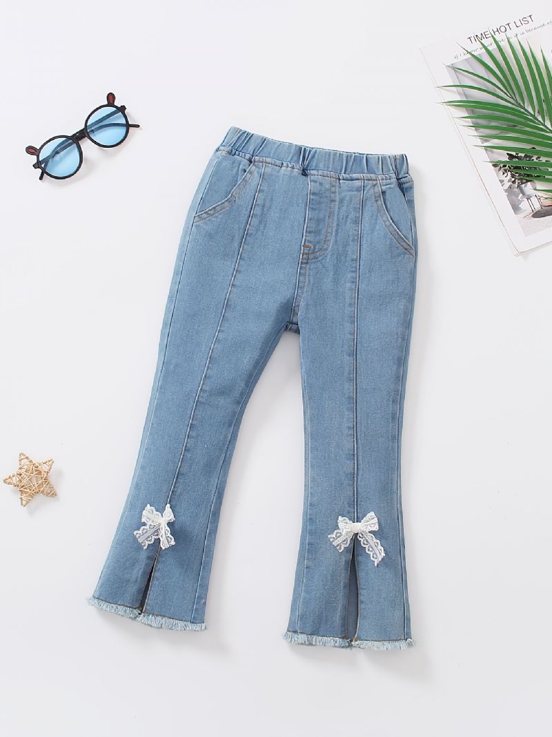 Småbarn Barn Flickor Utsvängda Benjeans Casual Bowknot Elastiskt Midjeband Jeansbyxor Barnkläder