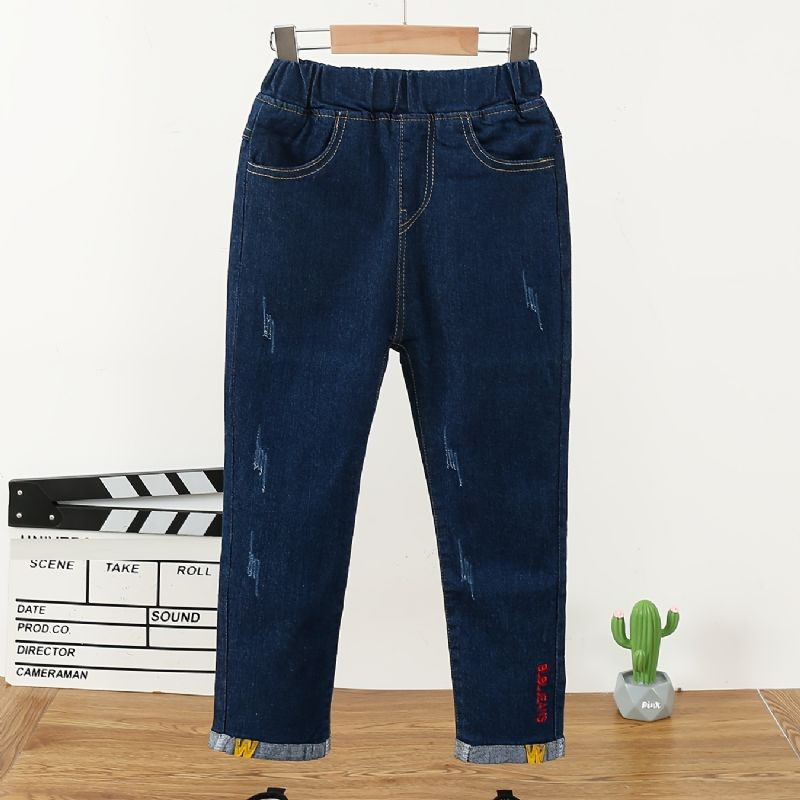 Småbarn Flickor Denim Casual Jeans Brev Broderi Vår Höst