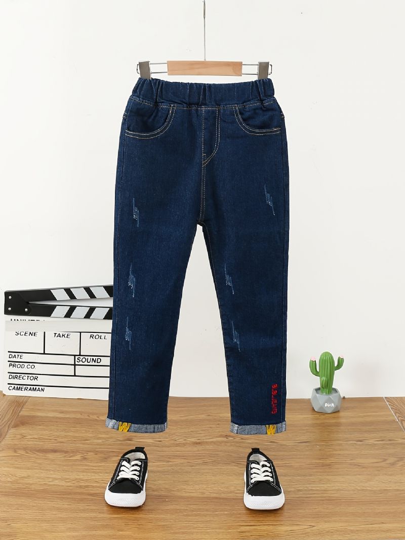 Småbarn Flickor Denim Casual Jeans Brev Broderi Vår Höst