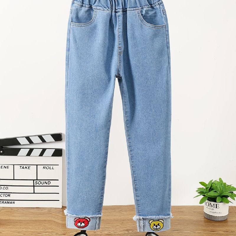 Småbarn Flickor Denim Casual Jeans Cartoon Bear Broderi Vår Höst