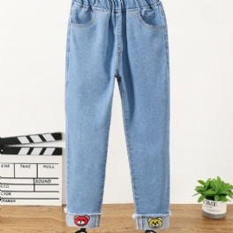 Småbarn Flickor Denim Casual Jeans Cartoon Bear Broderi Vår Höst