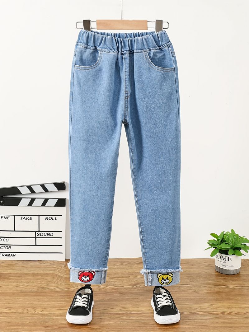 Småbarn Flickor Denim Casual Jeans Cartoon Bear Broderi Vår Höst