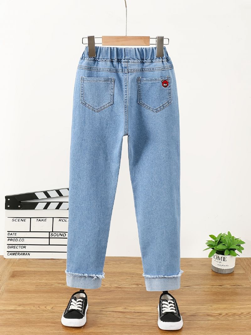 Småbarn Flickor Denim Casual Jeans Cartoon Bear Broderi Vår Höst