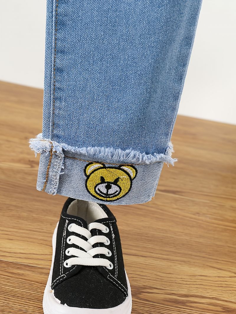 Småbarn Flickor Denim Casual Jeans Cartoon Bear Broderi Vår Höst