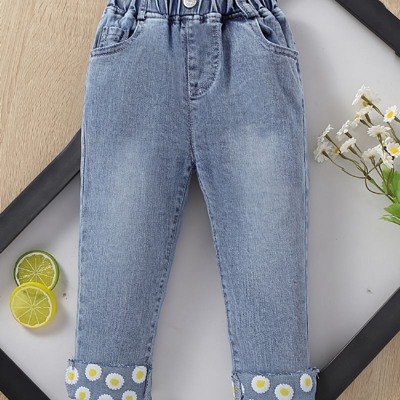 Tjejer Daisy Pattern Jeans Raka Ben Jeansbyxor Med Resår I Midjan Barnkläder