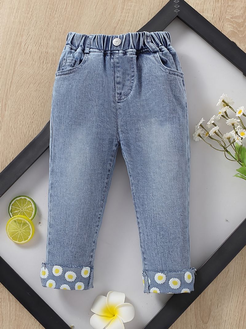 Tjejer Daisy Pattern Jeans Raka Ben Jeansbyxor Med Resår I Midjan Barnkläder