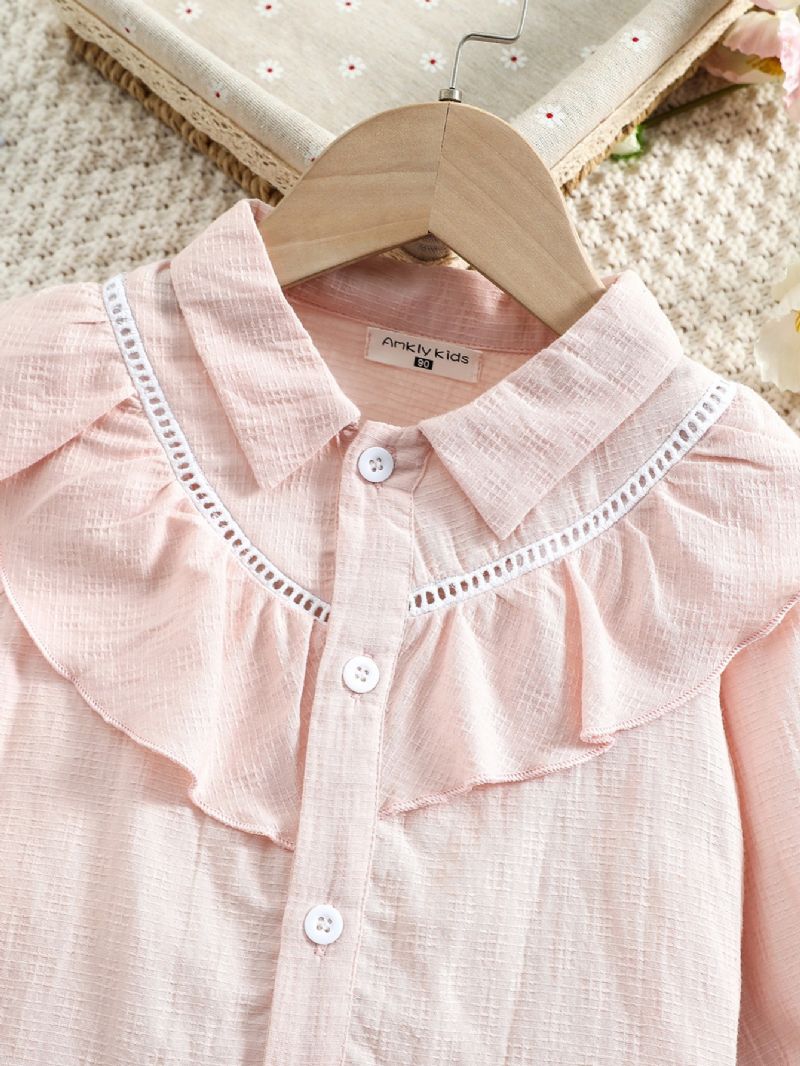 Toddler Flickor Broderi Volang Trim Button Up Blus