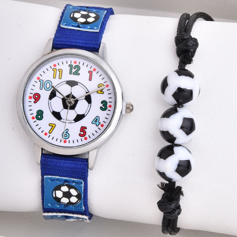 2st Barn Pojkar Blå Canvas Armband Student Watch Fotboll Set