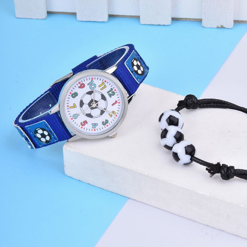 2st Barn Pojkar Blå Canvas Armband Student Watch Fotboll Set