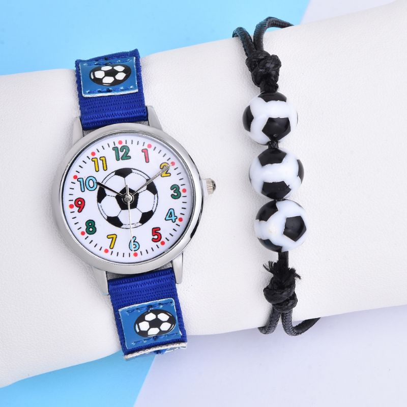 2st Barn Pojkar Blå Canvas Armband Student Watch Fotboll Set