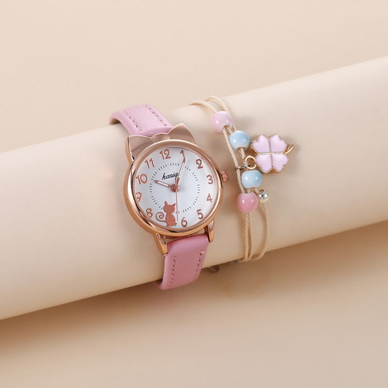 2st Flickor Animal Pattern Watch & Clover Armband Set