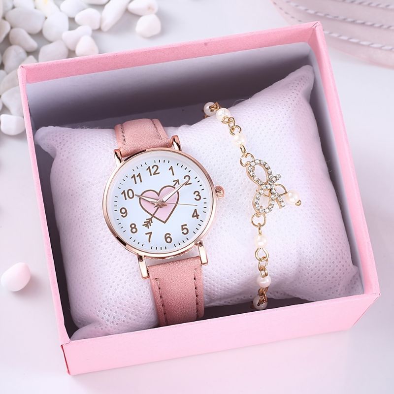 2st Flickor Heart Pattern Quartz Watch & Butterfly Armband Set Barnpresent