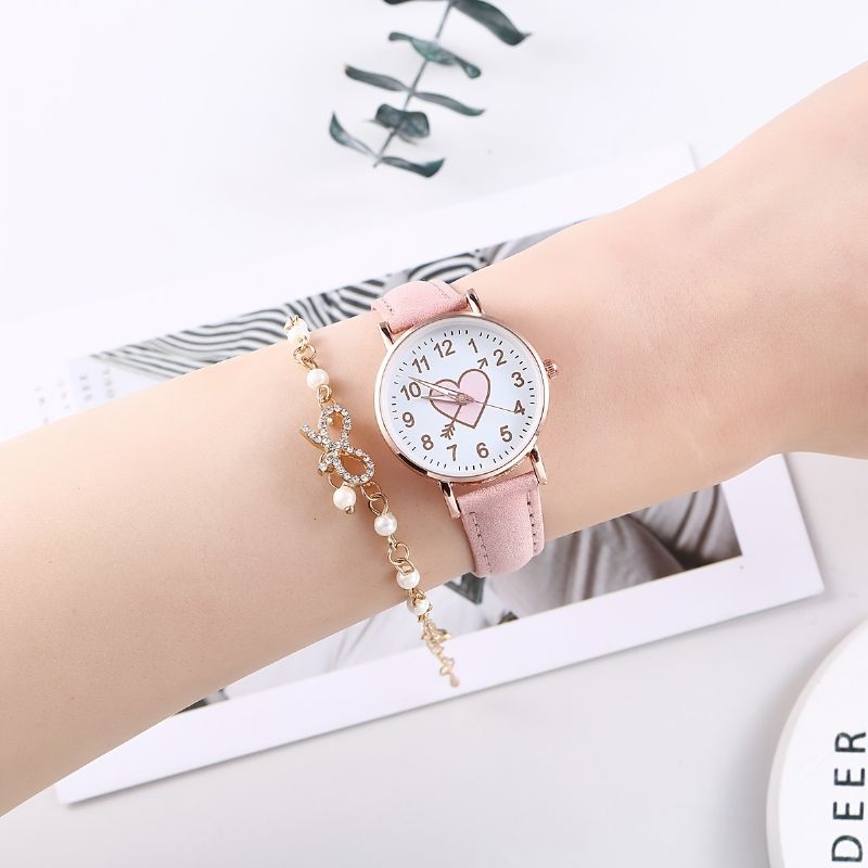 2st Flickor Heart Pattern Quartz Watch & Butterfly Armband Set Barnpresent