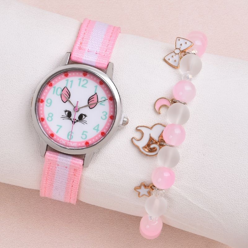 2st/set Flickor Pink Canvas Armband Quartz Watch Cartoon Cat Graphic & Stretch Pärlor Barnpresent