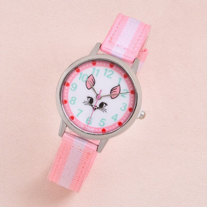 2st/set Flickor Pink Canvas Armband Quartz Watch Cartoon Cat Graphic & Stretch Pärlor Barnpresent