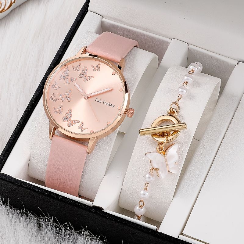 Barn Flickor Quartz Watch & Butterfly Hänge Armband Barnpresent