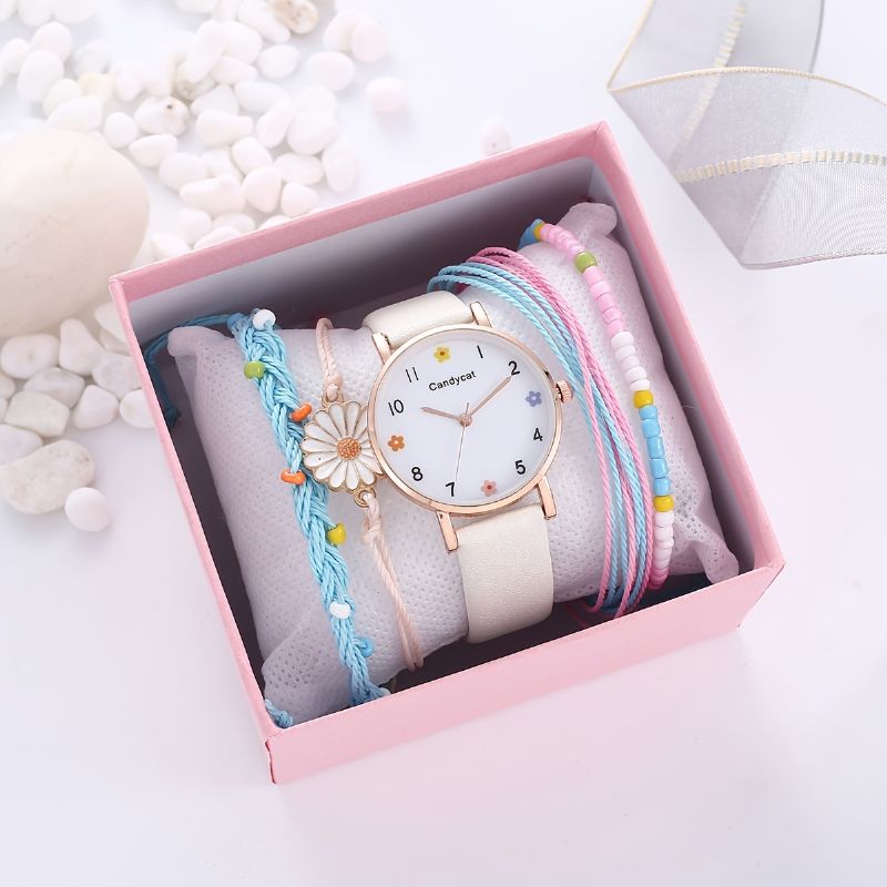 Barns Flickor Enkel Flower Quartz Watch + Daisy Armband Set