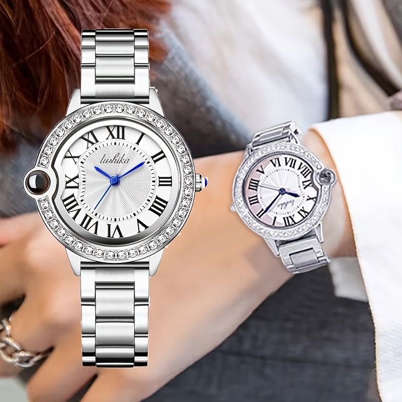 Damklocka Stålband Rhinestone White Flickor Quartz Waterproof Watch