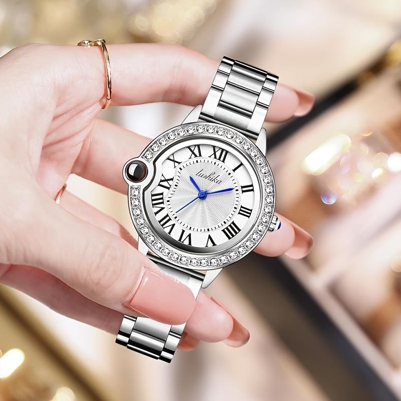 Damklocka Stålband Rhinestone White Flickor Quartz Waterproof Watch