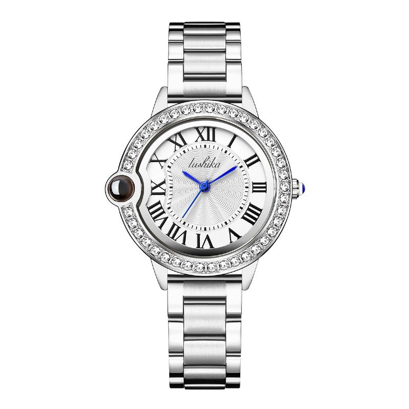 Damklocka Stålband Rhinestone White Flickor Quartz Waterproof Watch