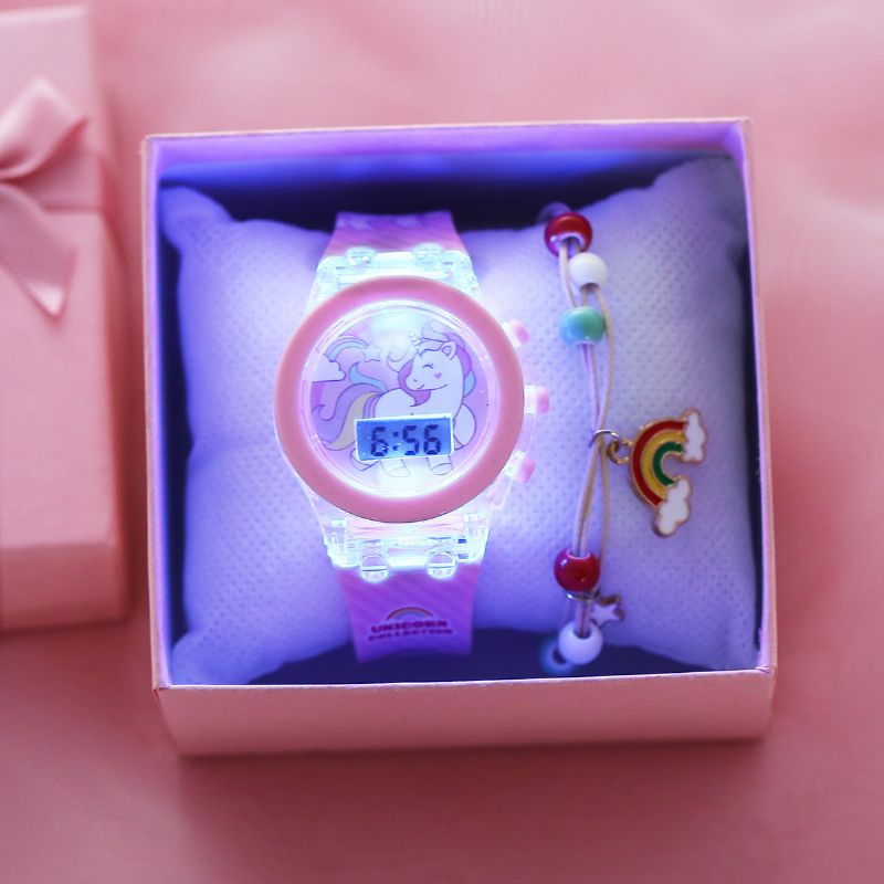 Flickor Lighting Unicorn Electronic Watch & Armband Set With Box 2st Christmas Gift