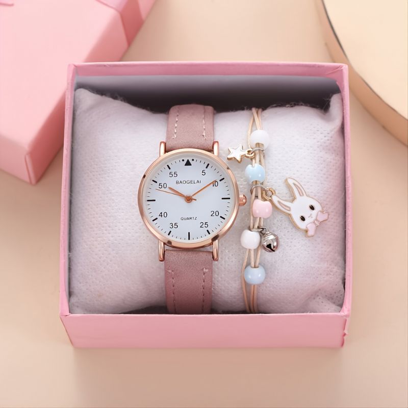 Flickor Mode Pink Quartz Watch + Bunny Armband