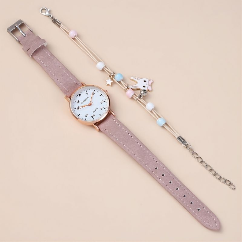 Flickor Mode Pink Quartz Watch + Bunny Armband