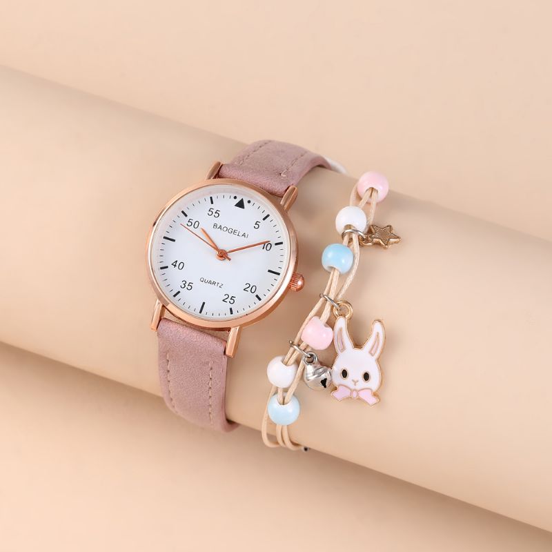 Flickor Mode Pink Quartz Watch + Bunny Armband