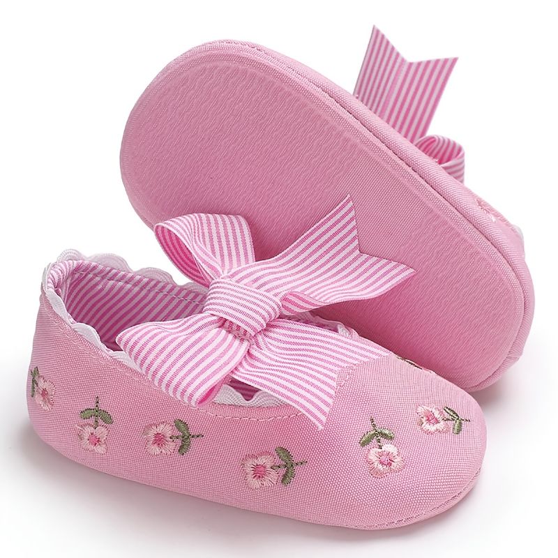 Bebis Flickor Stripe Bow-knot Blommor Broderi Dekor Casual Flat Balett Skor Spjälsäng