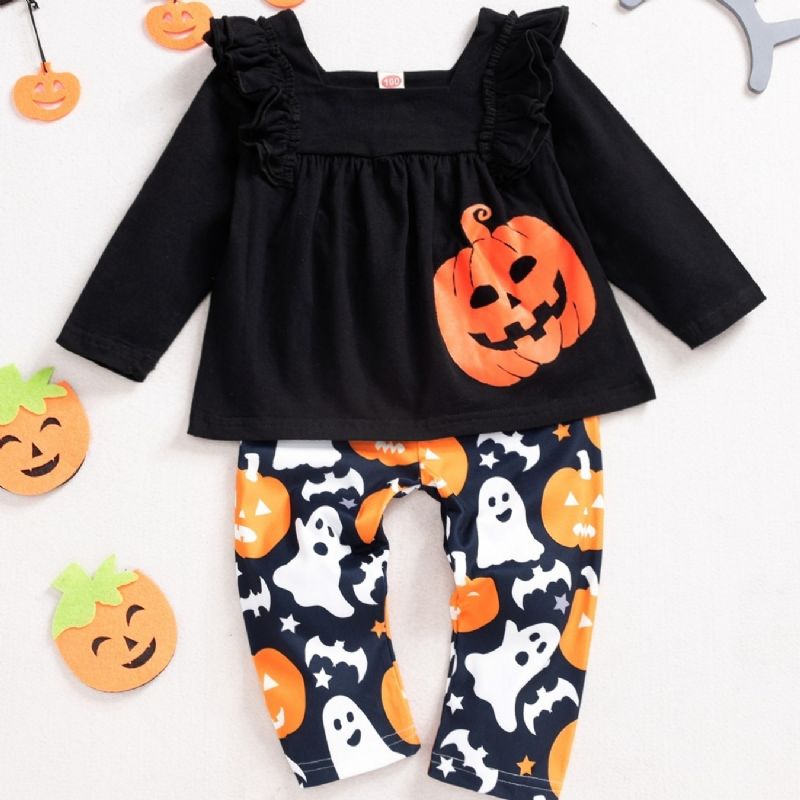 2ps Flickor Halloween Black Pumpkin Top & Ghost Pants Set