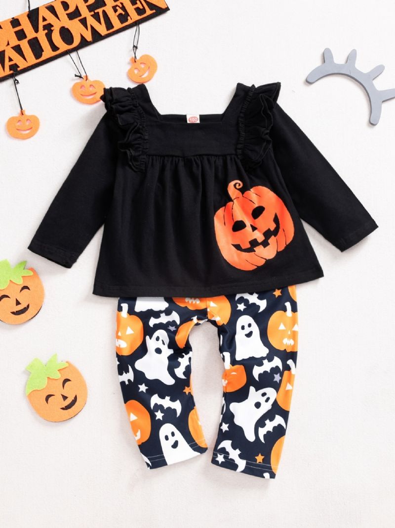 2ps Flickor Halloween Black Pumpkin Top & Ghost Pants Set