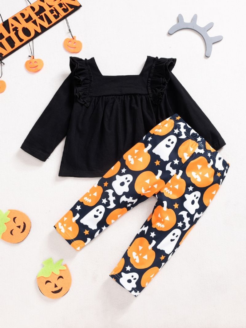 2ps Flickor Halloween Black Pumpkin Top & Ghost Pants Set