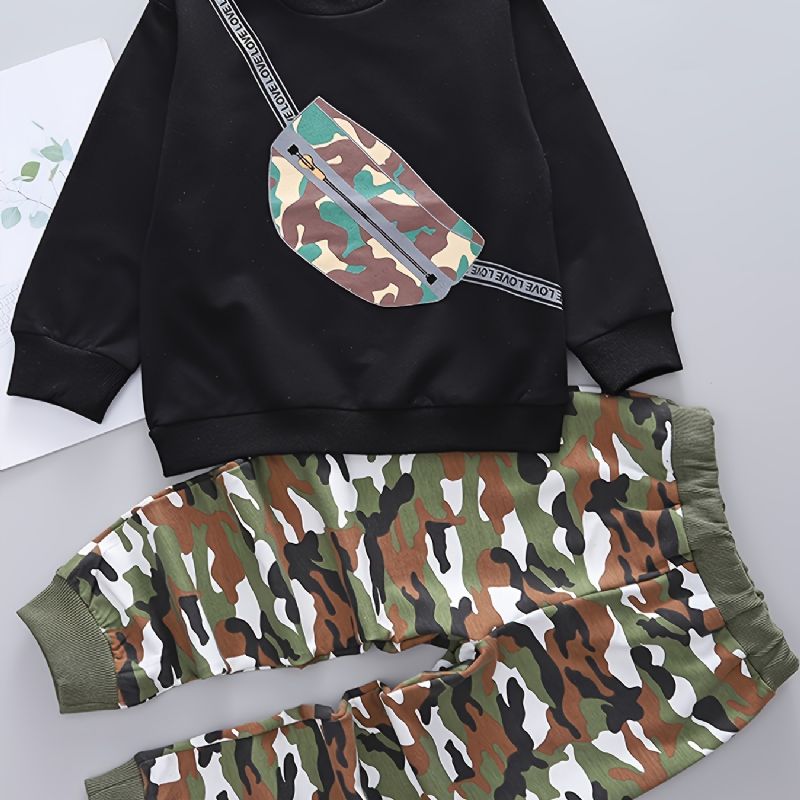 2st Bebis Camouflage Skolväska Print Pullover Rundhalsad Långärmad Sweatshirt & Byxa Set För Pojkar