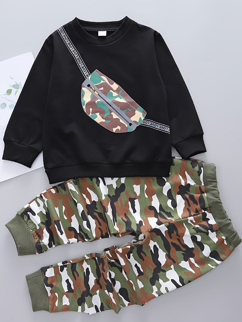 2st Bebis Camouflage Skolväska Print Pullover Rundhalsad Långärmad Sweatshirt & Byxa Set För Pojkar